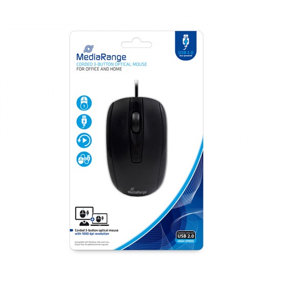 MediaRange Optical Ποντίκι Corded 3-Button MROS211  (Μαύρο, με καλώδιο)